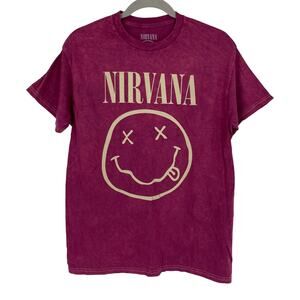 Officially Licensed Nirvana Nevermind Smiley Grunge Tee Magenta Acid Wash Medium